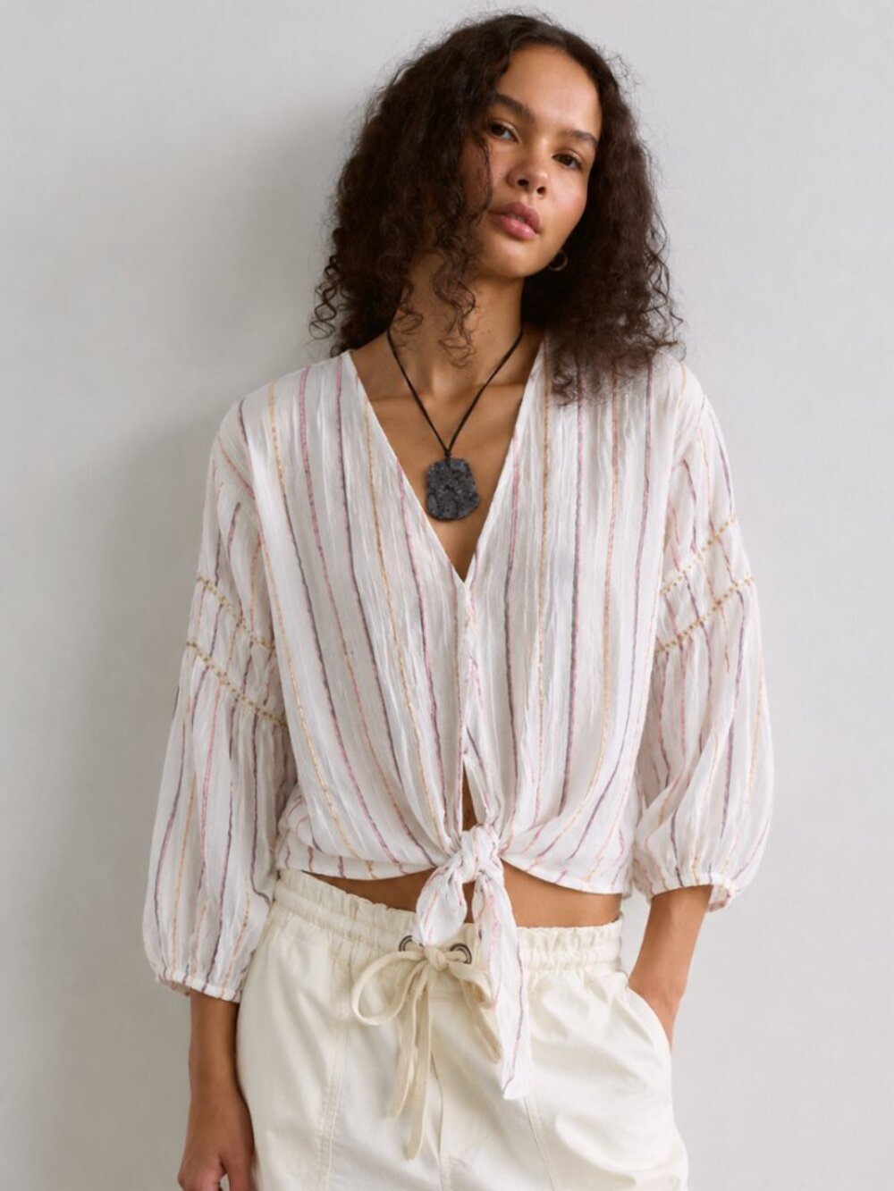 LOVESTITCH TIE HEM METALLIC THREAD BLOUSE